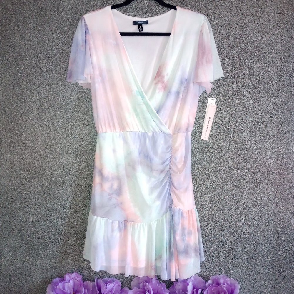 AQUA Dress Flutter-Sleeve Mesh Overlay (L) NEW